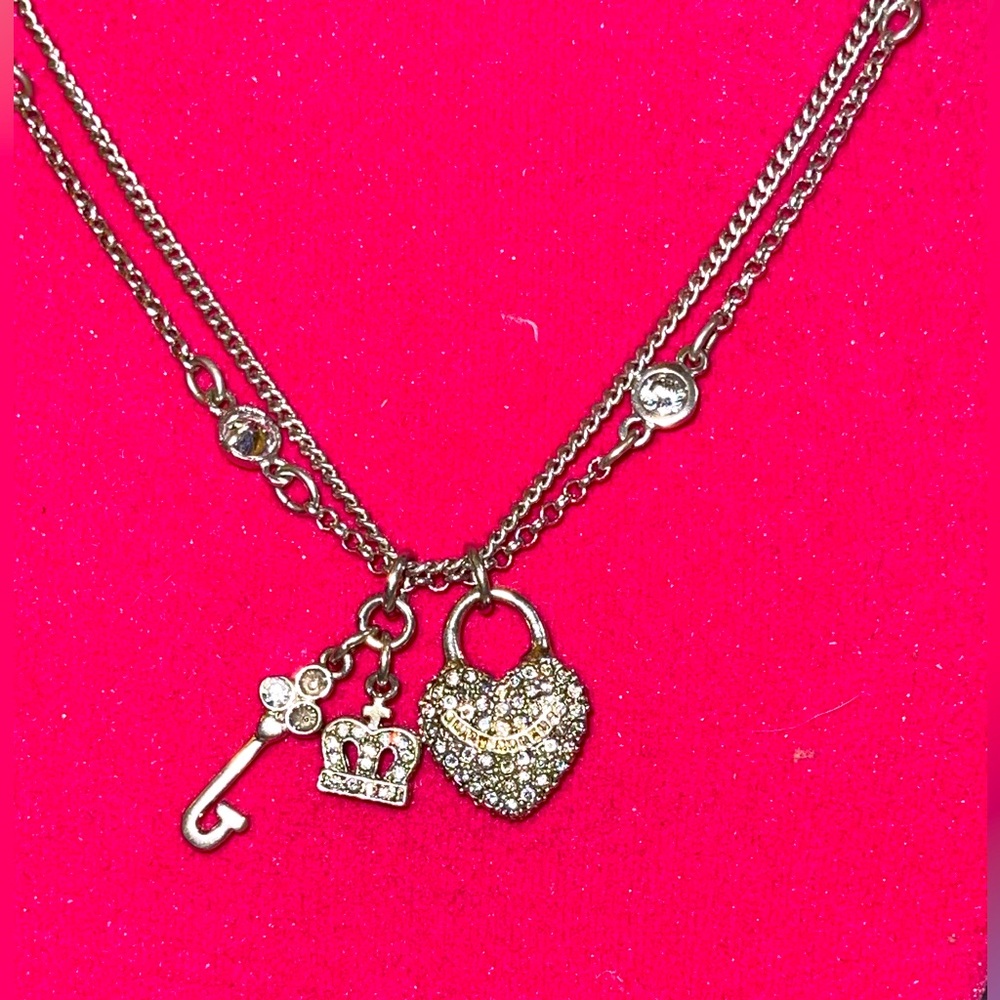💕Vintage Y2K Juicy Couture Heart Key Lock Silver Multi Strand Necklace